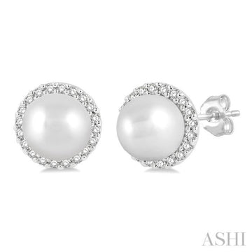 5.5 MM Round Shape Cultured Pearls and 1/8 Ctw Petite Round Cut Diamond Halo Fashion Stud Earring in 10K White Gold